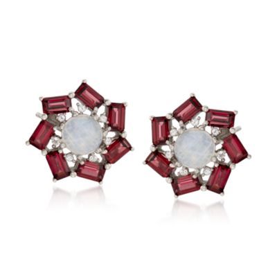 Moonstone and 2.20 ct. t.w. Garnet Flower Earrings With .10 ct. t.w. White Topaz In Sterling Silver. Post Earrings &mdash; Alt Image 1