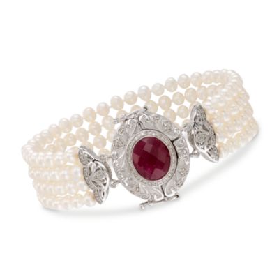 4.00 Carat Ruby and Pearl Bracelet With .25 ct. t.w. Diamonds in Sterling Silver. 7" &mdash; Alt Image 1