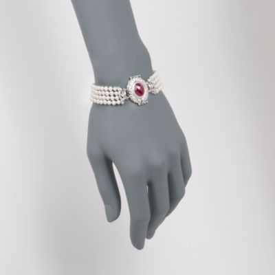4.00 Carat Ruby and Pearl Bracelet With .25 ct. t.w. Diamonds in Sterling Silver. 7" &mdash; Alt Image 2