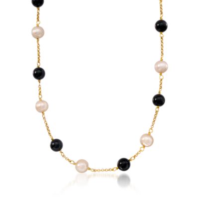Agate and 8-8.5mm Cultured Pearl Necklace In Vermeil. 18" &mdash; Alt Image 1