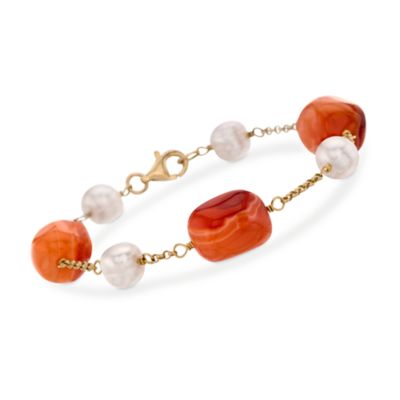 Carnelian and 8-8.5mm Cultured Pearl Bracelet In Vermeil. 7.5" &mdash; Alt Image 1