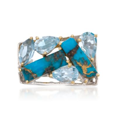Turquoise and 8.10 ct. t.w. Blue Topaz Mosaic Ring in Two-Tone &mdash; Alt Image 1