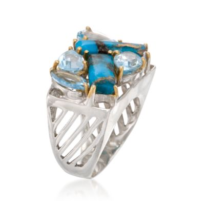 Turquoise and 8.10 ct. t.w. Blue Topaz Mosaic Ring in Two-Tone &mdash; Alt Image 3