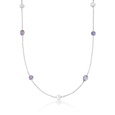 8mm Pearl and 10.00 ct. t.w. Amethyst Station Necklace In Sterling Silver &mdash; Alt Image 1