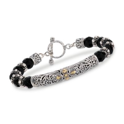 Balinese Black Onyx Bracelet in 18kt Yellow Gold and Sterling Silver . 7" &mdash; Alt Image 1
