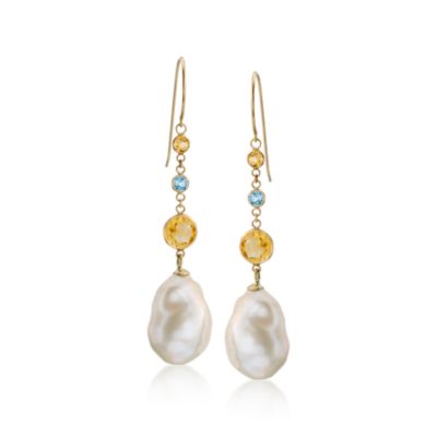 11-12mm Baroque Pearl and 1.70 ct. t.w. Multi-Gemstone Drop Earrings in 14kt Yellow Gold &mdash; Alt Image 1