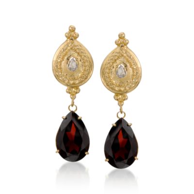 5.90 ct. t.w. Garnet and .35 ct. t.w. Diamond Drop Earrings In 14kt Yellow Gold &mdash; Alt Image 1
