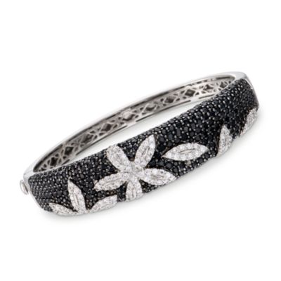 Roberto Coin "Fantasia Marguerita" 7.75 ct. t.w. Black Sapphire and 1.65 ct. t.w. Diamond Bangle Bracelet in 18kt White Gold. 7" &mdash; Alt Image 1