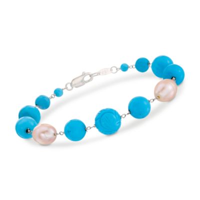 9.5mm Cultured Pearl and Turquoise Bead Bracelet In Sterling Silver. 7" &mdash; Alt Image 1