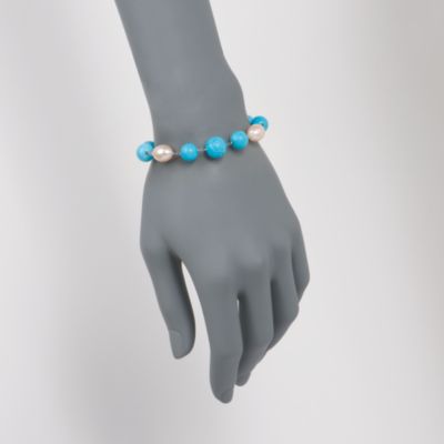 9.5mm Cultured Pearl and Turquoise Bead Bracelet In Sterling Silver. 7" &mdash; Alt Image 2