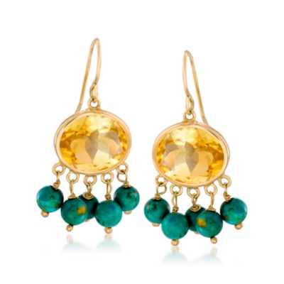8.20 ct. t.w. Citrine and Turquoise Bead Dangle Earrings In 14kt Yellow Gold. Earwire Earrings &mdash; Alt Image 1