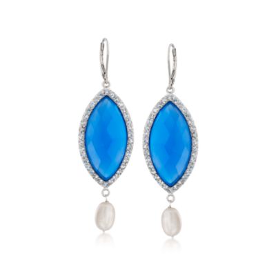Cultured Pearl and Blue Agate Dangle Earrings With Rock Crystal Quartz in Sterling Silver &mdash; Alt Image 1