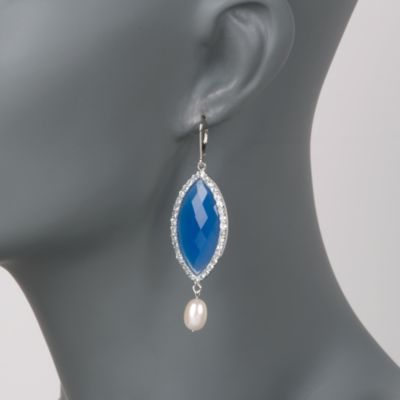 Cultured Pearl and Blue Agate Dangle Earrings With Rock Crystal Quartz in Sterling Silver &mdash; Alt Image 2