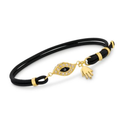 CZ and Agate Evil Eye Black Cord Bracelet With 14kt Gold Over Sterling Silver. 7" &mdash; Alt Image 1