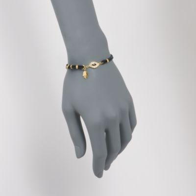 CZ and Agate Evil Eye Black Cord Bracelet With 14kt Gold Over Sterling Silver. 7" &mdash; Alt Image 2
