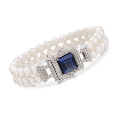 5.5-6mm Pearl and 4.70 Carat Sapphire Bracelet With .30 ct. t.w. Diamonds in Sterling Silver. 8" &mdash; Alt Image 1