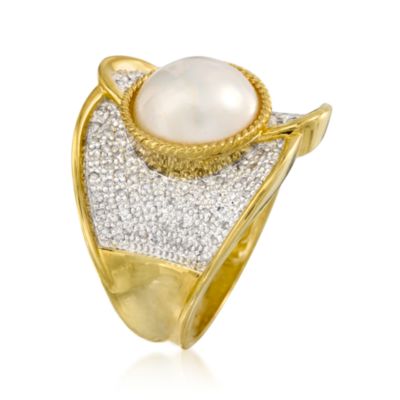 10-10.5mm Mabe Pearl and .50 ct. t.w. Diamond Ring in Vermeil. Size 5 &mdash; Alt Image 3