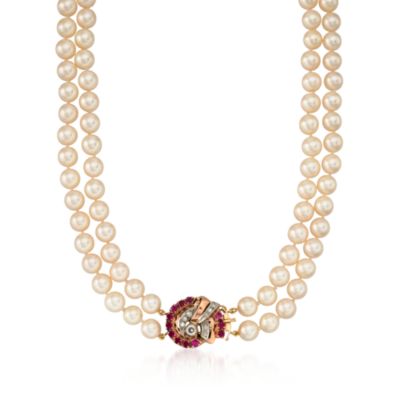 C. 1950 Vintage 6.6mm Cultured Pearl and .35 ct. t.w. Diamond Necklace With Faux Rubies In 14kt Two-Tone Gold. 23.5" &mdash; Alt Image 1