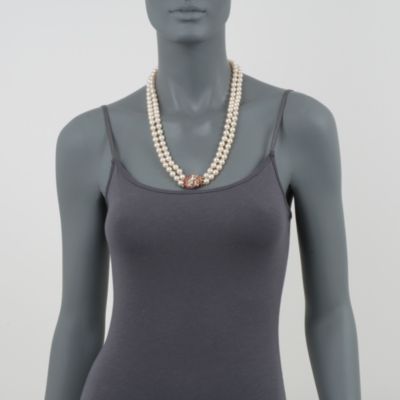 C. 1950 Vintage 6.6mm Cultured Pearl and .35 ct. t.w. Diamond Necklace With Faux Rubies In 14kt Two-Tone Gold. 23.5" &mdash; Alt Image 2
