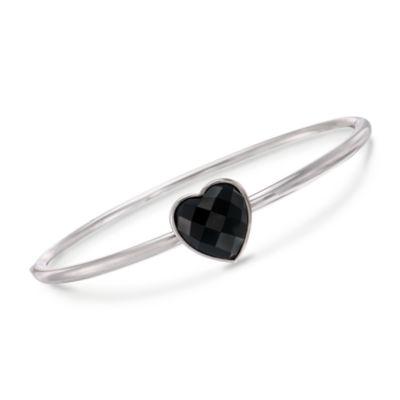 Black Onyx Heart Bangle Bracelet in Stainless Steel and Sterling Silver. 8" &mdash; Alt Image 1