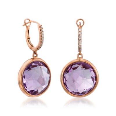 30.00 ct. t.w. Amethyst and .15 ct. t.w. Diamond Drop Earrings In 14kt Rose Gold. Hoop Earrings &mdash; Alt Image 3