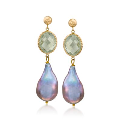 10.00 ct. t.w. Green Amethyst and 12-13mm Gray Pearl Earrings In 14kt Yellow Gold &mdash; Alt Image 1