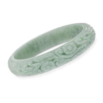 Carved Green Jade Slip-On Bangle Bracelet. 8" &mdash; Alt Image 1