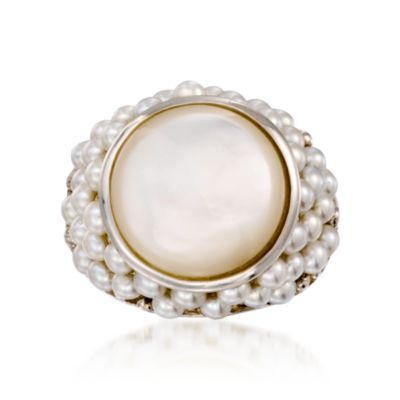 15mm Mother-Of-Pearl and 3-3.5mm Cultured Pearl Ring in Sterling Silver &mdash; Alt Image 1