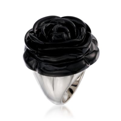 Carved Black Onyx Flower Ring in Sterling Silver &mdash; Alt Image 3