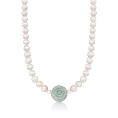 Cultured Pearl and Carved Green Jade Flower Necklace. 36" &mdash; Alt Image 1