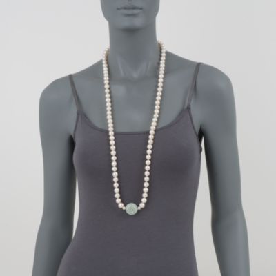 Cultured Pearl and Carved Green Jade Flower Necklace. 36" &mdash; Alt Image 2