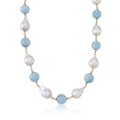Aquamarine Bead and Baroque Pearl Necklace In 14kt Yellow Gold &mdash; Alt Image 1