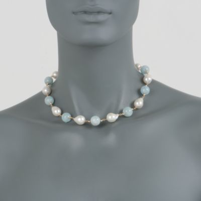 Aquamarine Bead and Baroque Pearl Necklace In 14kt Yellow Gold &mdash; Alt Image 2