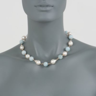 Aquamarine Bead and Baroque Pearl Necklace In 14kt Yellow Gold &mdash; Alt Image 3
