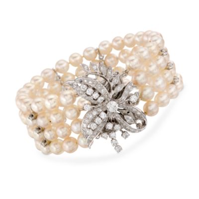 C. 1950 Vintage 6.25mm Cultured Pearl and 3.50 ct. t.w. Diamond Bracelet In 14kt White Gold. 7.25" &mdash; Alt Image 1