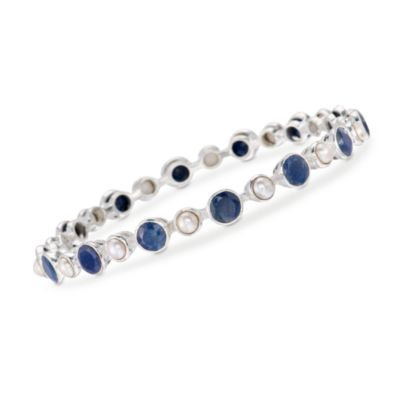 18.00 ct. t.w. Sapphire and 4mm Pearl Bangle Bracelet in Sterling Silver. 7" &mdash; Alt Image 1