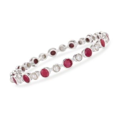 18.00 ct. t.w. Ruby and 4mm Pearl Bangle Bracelet in Sterling Silver. 7" &mdash; Alt Image 1