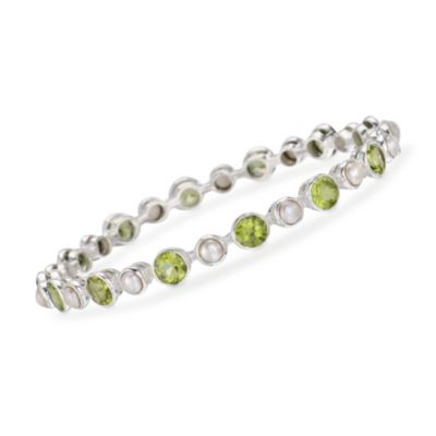 16.00 ct. t.w. Peridot and 4mm Cultured Pearl Bangle Bracelet In Sterling Silver. 7" &mdash; Alt Image 1