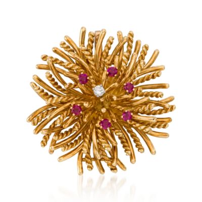 C. 1975 Vintage Tiffany Jewelry .60 ct. t.w. Ruby and .10 ct. t.w. Diamond Pin In 18kt Yellow Gold &mdash; Alt Image 1