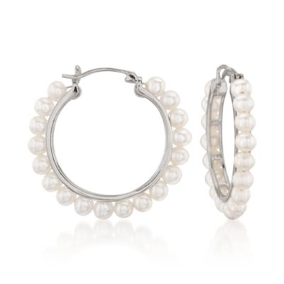 3-3.5mm Cutured Pearl Hoop Earrings in Sterling Silver &mdash; Alt Image 1