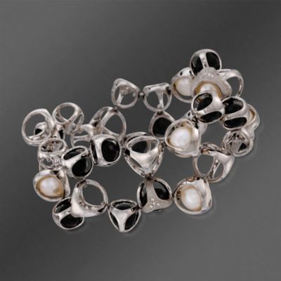 Di Modolo 9.5mm Pearl and Black Onyx Link Bracelet In Sterling Silver. 7.5" &mdash; Alt Image 1