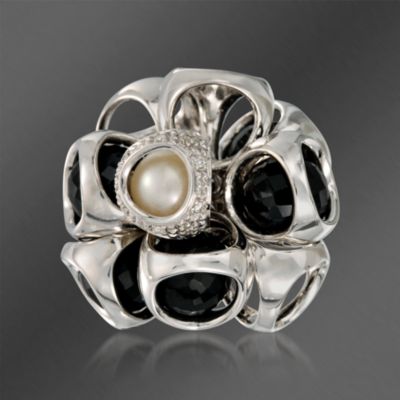 Di Modolo 7mm Pearl and Black Onyx Ring With Diamonds  In Sterling Silver. Size 7 &mdash; Alt Image 1
