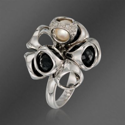 Di Modolo 7mm Pearl and Black Onyx Ring With Diamonds  In Sterling Silver. Size 7 &mdash; Alt Image 3