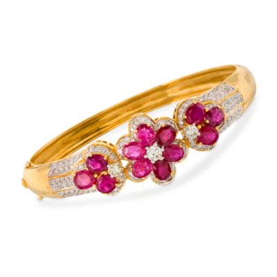 C. 1980 Vintage 7.00 ct. t.w. Ruby and 2.30 ct. t.w. Diamond Floral Bangle Bracelet in 14kt Yellow Gold. 6.5" &mdash; Alt Image 1