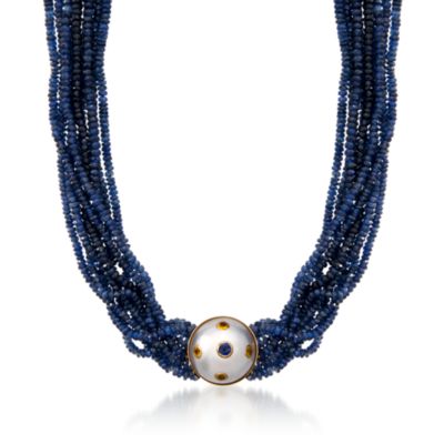 C. 1990 Vintage Sapphire Bead Necklace With 19mm Cultured Mabe Pearl In 14kt Yellow Gold. 18" &mdash; Alt Image 1