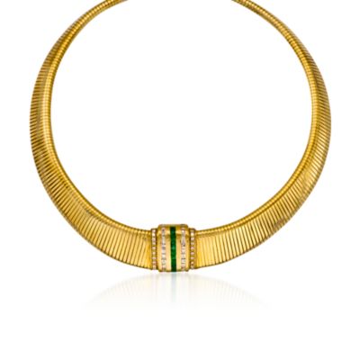 C. 1980 Vintage 1.50 ct. t.w. Emerald and 2.30 ct. t.w. Diamond Omega Necklace In 18kt Yellow Gold. 16" &mdash; Alt Image 1