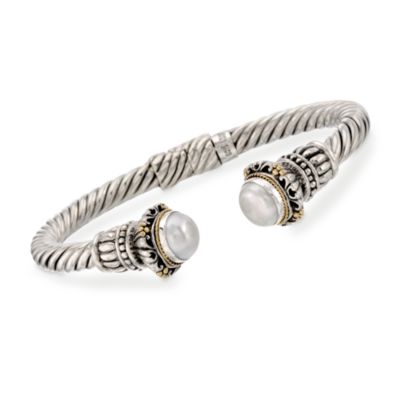 10mm Cultured Pearl Cabled Cuff Bracelet In Two-Tone. 7.25" &mdash; Alt Image 1