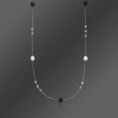Di Modolo 11x9mm Cultured Pearl and Amethyst Bead Station Necklace in Sterling Silver. 42" &mdash; Alt Image 1