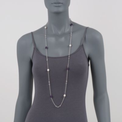 Di Modolo 11x9mm Cultured Pearl and Amethyst Bead Station Necklace in Sterling Silver. 42" &mdash; Alt Image 2