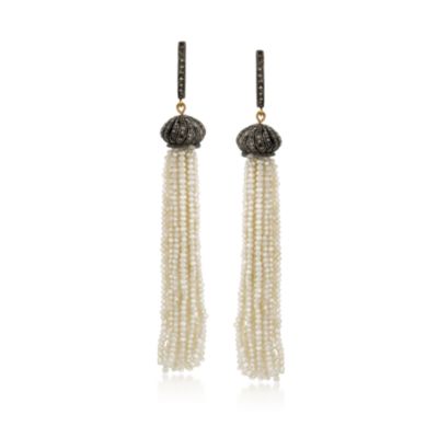 2-2.5mm Pearl and Diamond Tassel Earrings in Two-Tone &mdash; Alt Image 1